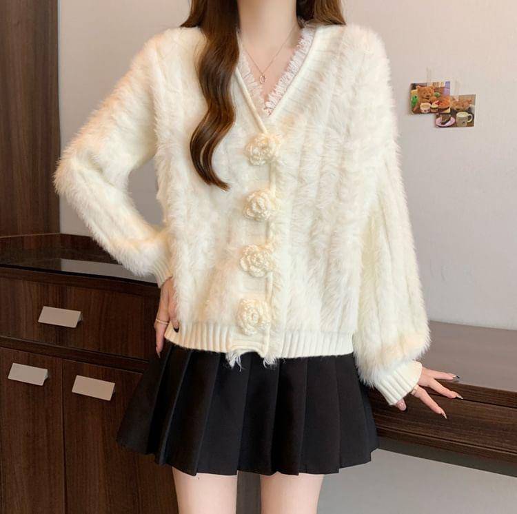 V-Neck Plain Floral Accent Fluffy Fringed Cardigan Product Image