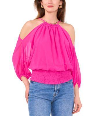 Women's Cold-Shoulder Smocked-Waist Necklace Top Product Image