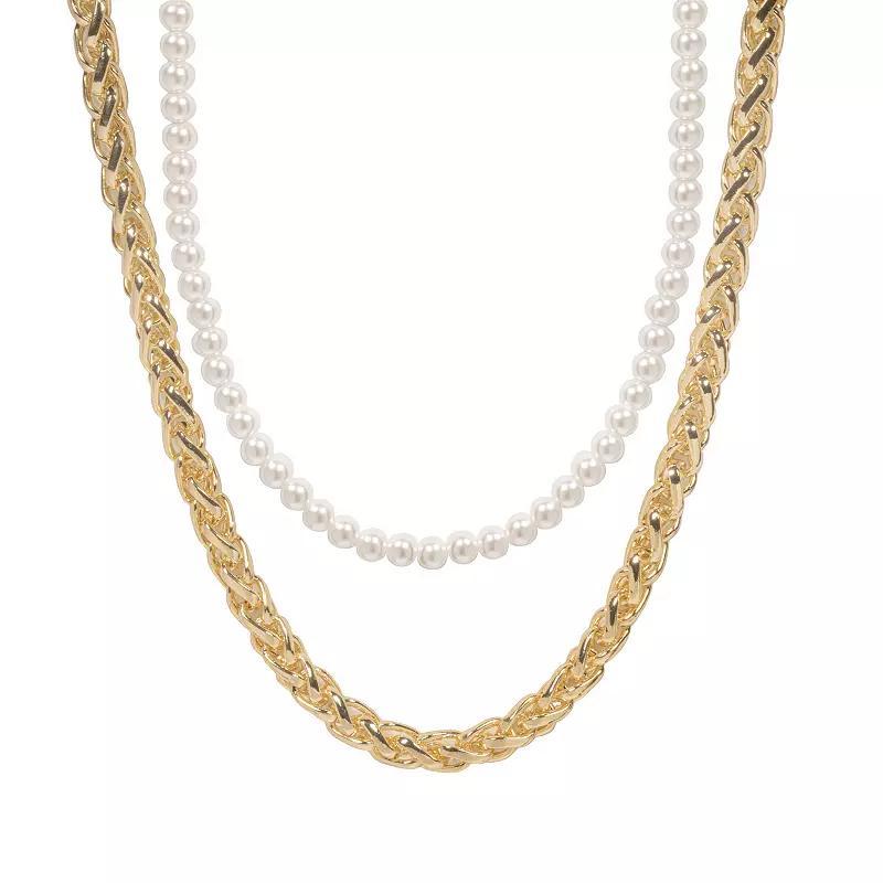 Emberly Gold Tone 2 Row Simulated Pearl & Braided Chain Necklace, Womens, White Product Image