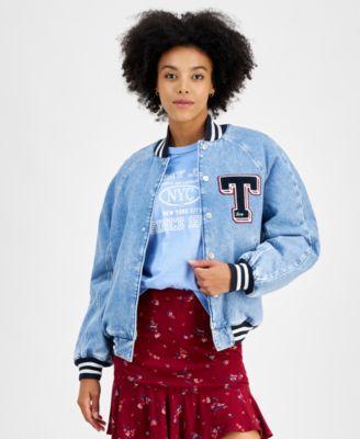 Women's Denim Snap-Front Cotton Letterman Jacket Product Image