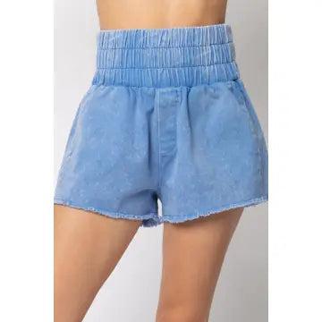 Blue High-Waist Washed Twill Shorts Female Product Image