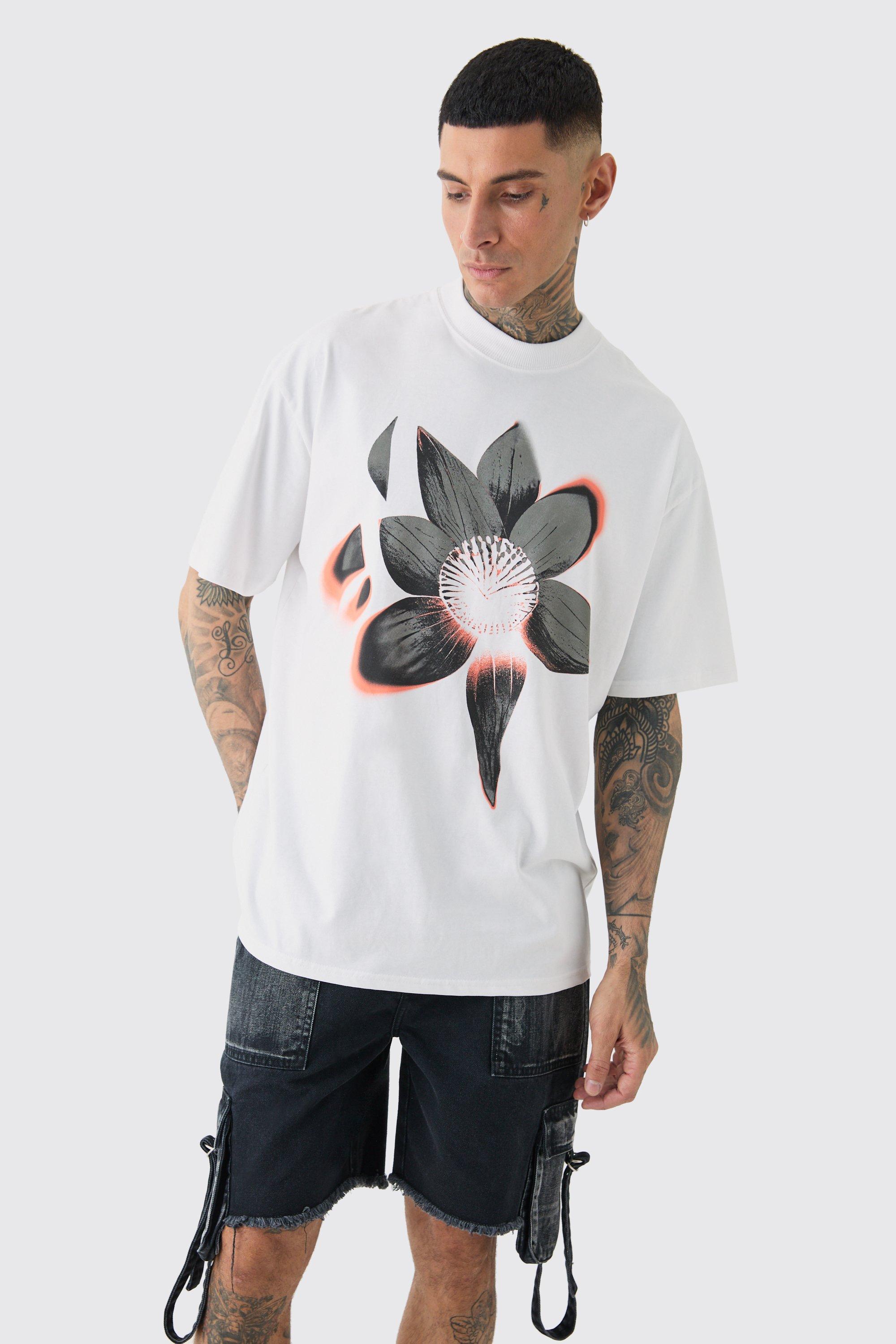 Mens White Tall Oversized Extended Neck Abstract Floral Print T-shirt, White Product Image