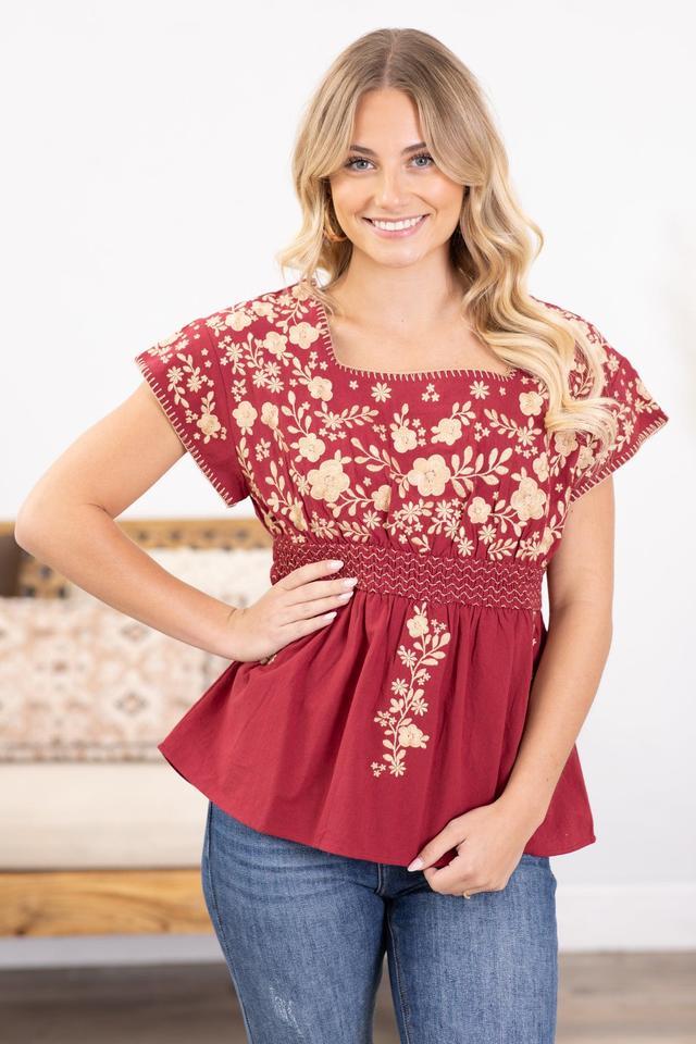 Maroon Floral Embroidery Babydoll Woven Top Product Image