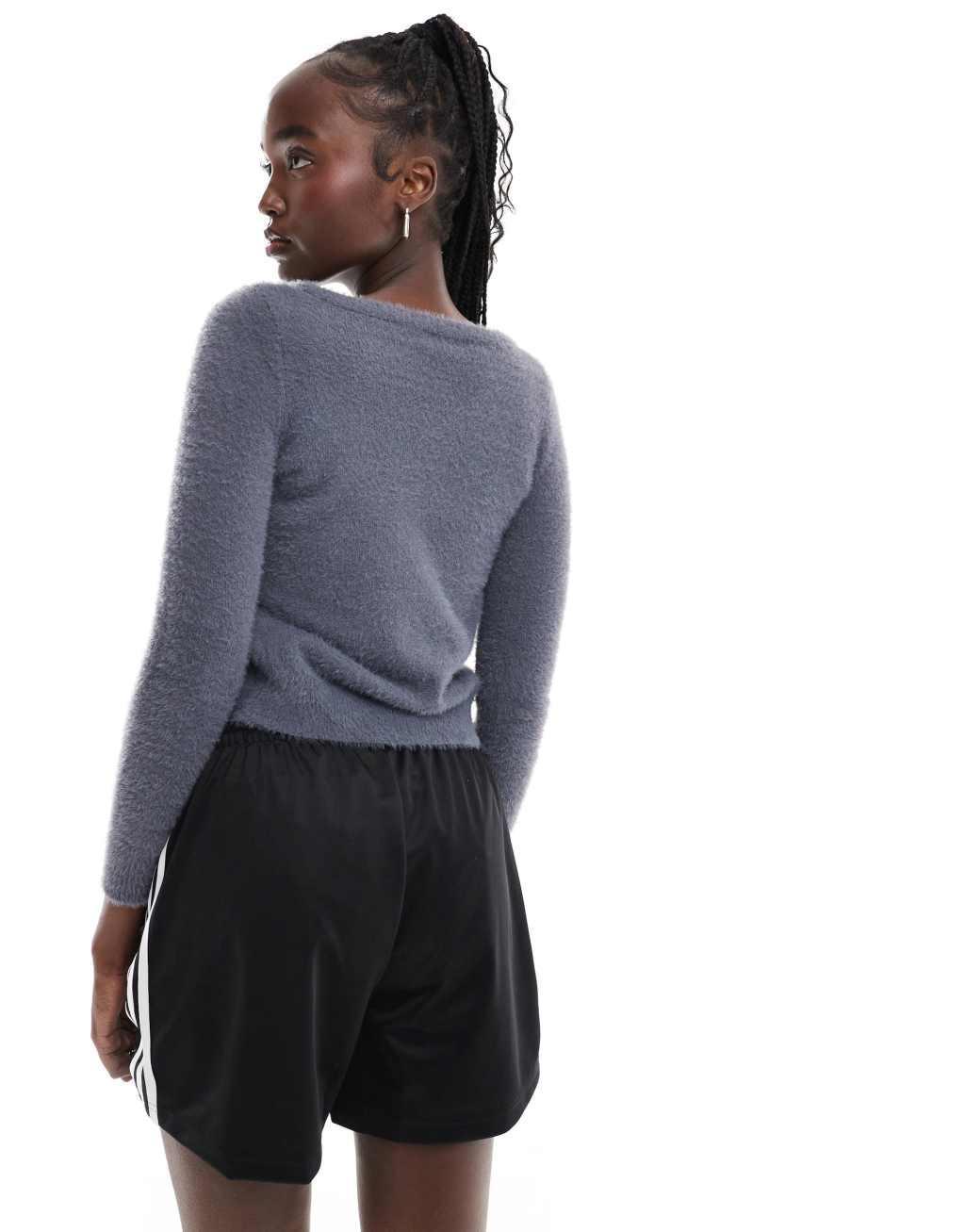 Daisy Street fluffy knit micro cardigan in charcoal Product Image