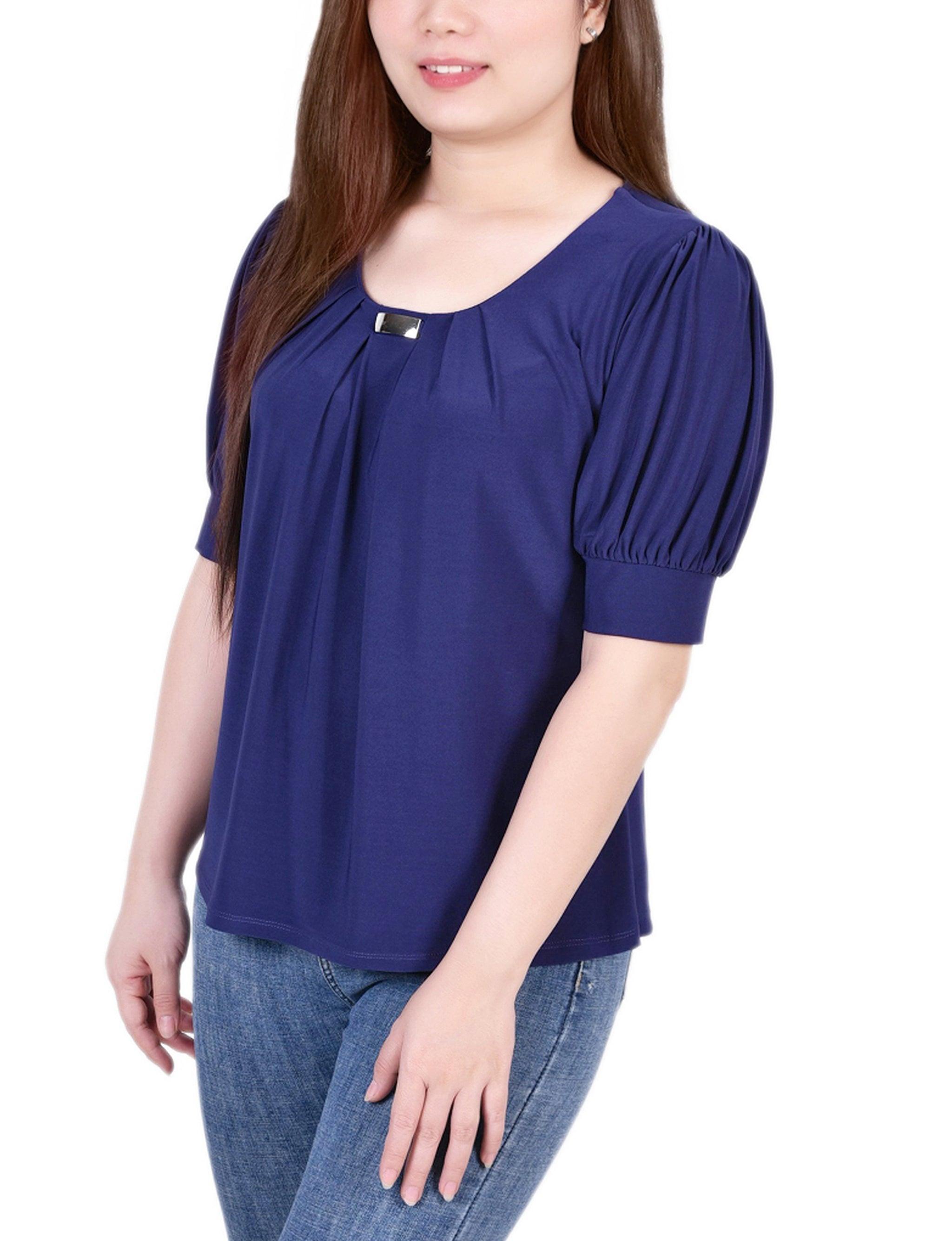 Short Sleeve Balloon Sleeve Top With Hardware - Petite Product Image