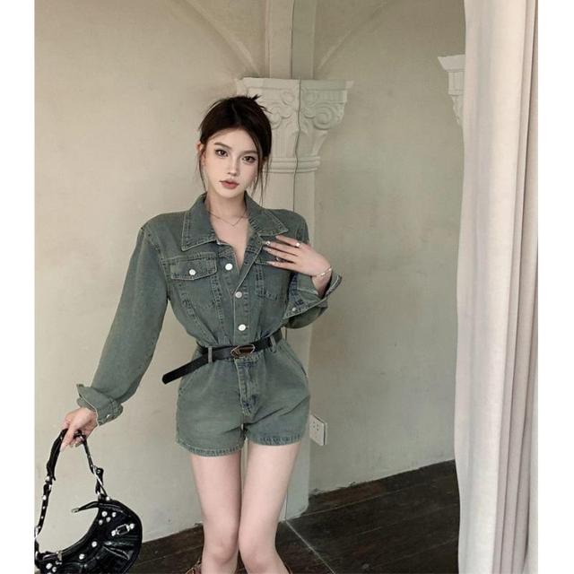 Long-Sleeve Collared Washed Half-Buttoned Denim Romper Product Image