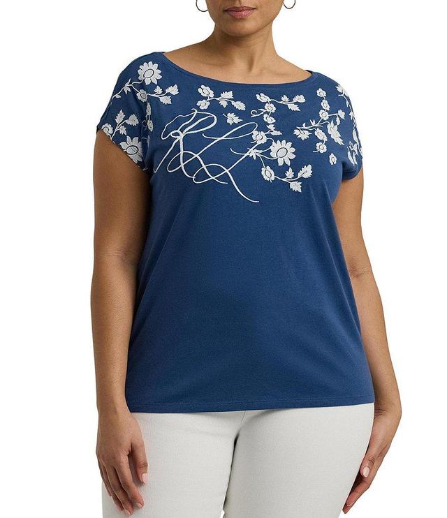 Lauren Ralph Lauren Plus Size Floral Embroidered Crew Neck Cap Sleeve Jersey Knit Tee Product Image