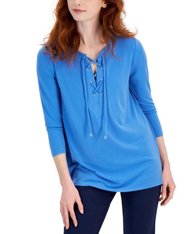 Jm Collection Womens Solid 3/4 Sleeve Lace-Up Knit Top, Created for Macys Product Image