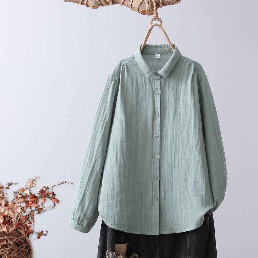 Long Sleeve Lapel Neck Plain Linen Shirt product image