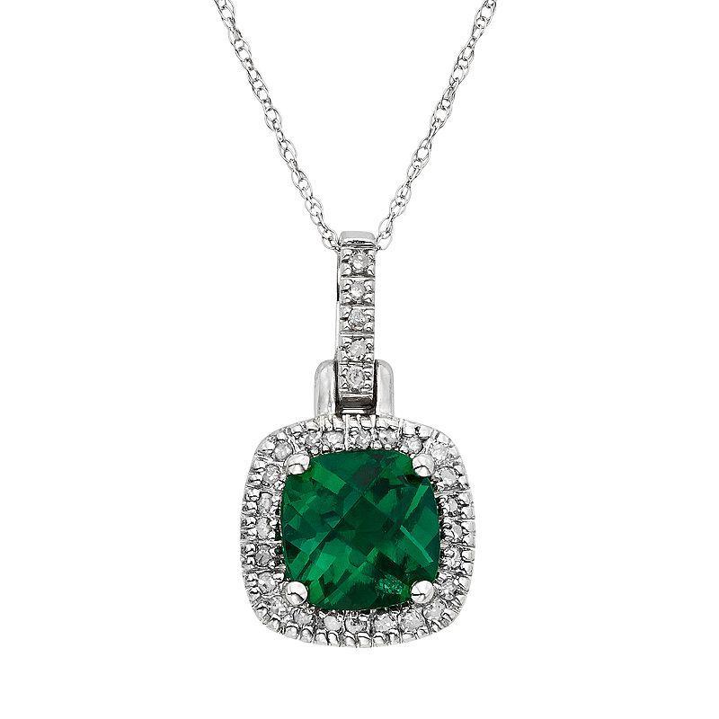 Lab-Created Emerald & 1/8 Carat T.W. Diamond 10k White Gold Halo Pendant Necklace, Womens Green Product Image