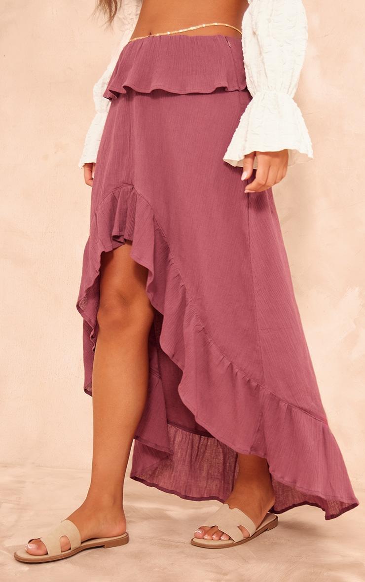 Berry Cheesecloth Shirred Waist Waterfall Hem Maxi Skirt Product Image