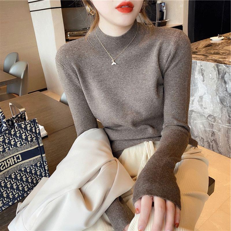 Long-Sleeve Mock Neck Plain Knit Top Product Image