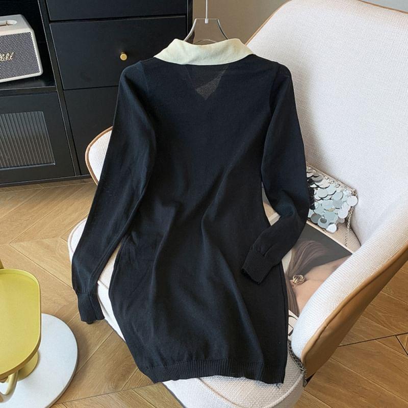 Long Sleeve Collared Two Tone Button Knit Mini A-Line Dress Product Image