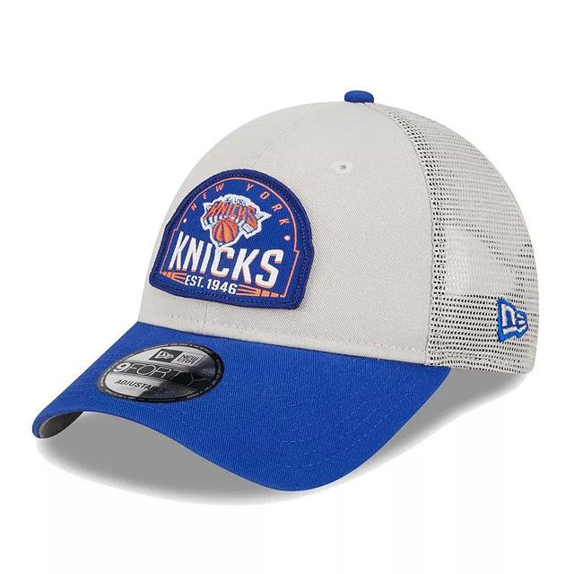 Mens New Era Khaki/Blue New York Knicks Throwback Patch Trucker 9FORTY Adjustable Hat Product Image