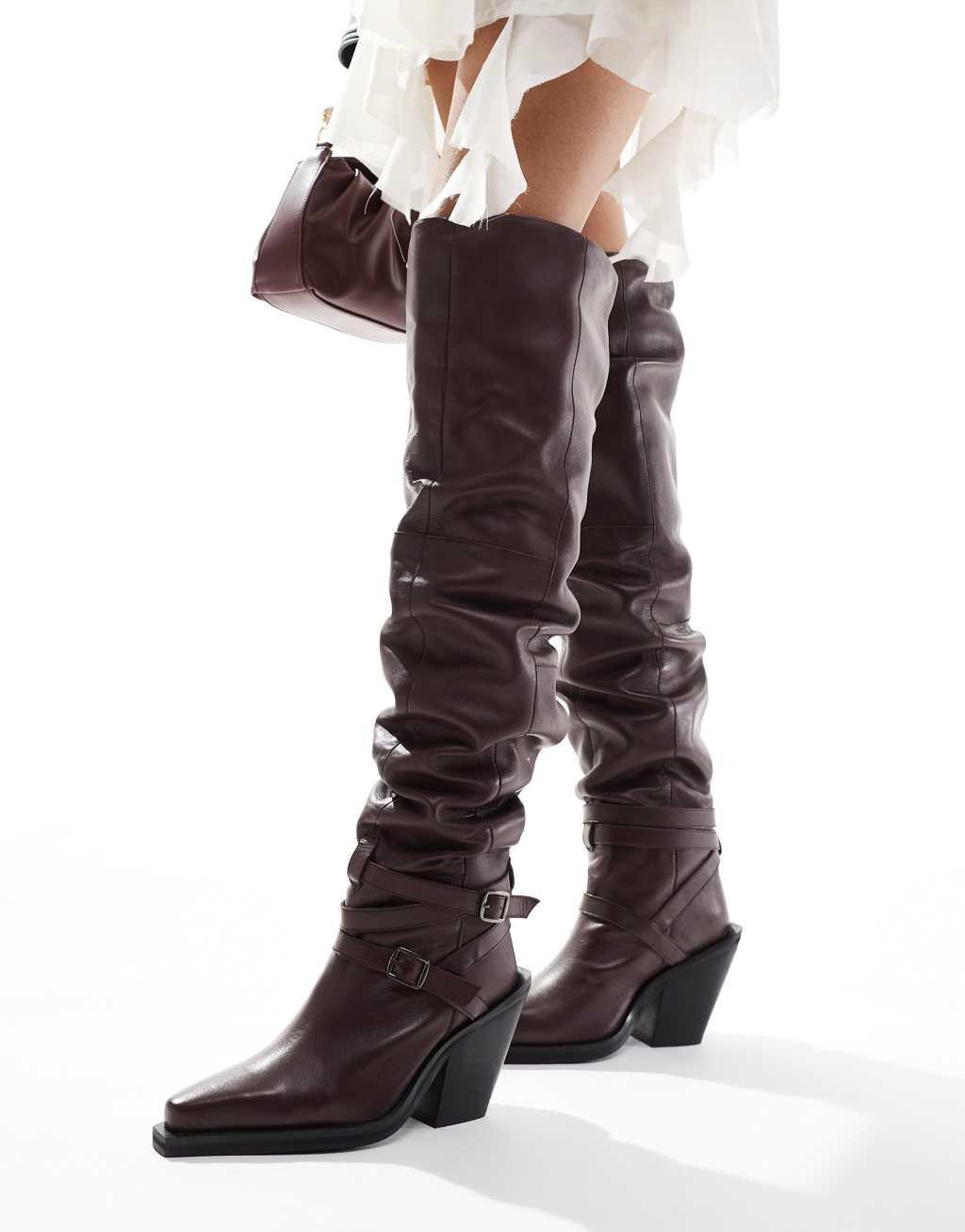 ASOS DESIGN Kingfisher leather ruched over the knee boots with buckles in burgundy Product Image