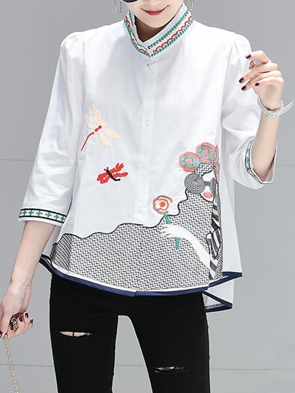 Loose Plus Size Embroidered Figure Stand Collar Blouses&Shirts Tops Product Image