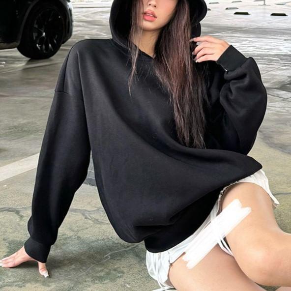 Round Neck Plain Oversized Hoodie Product Image