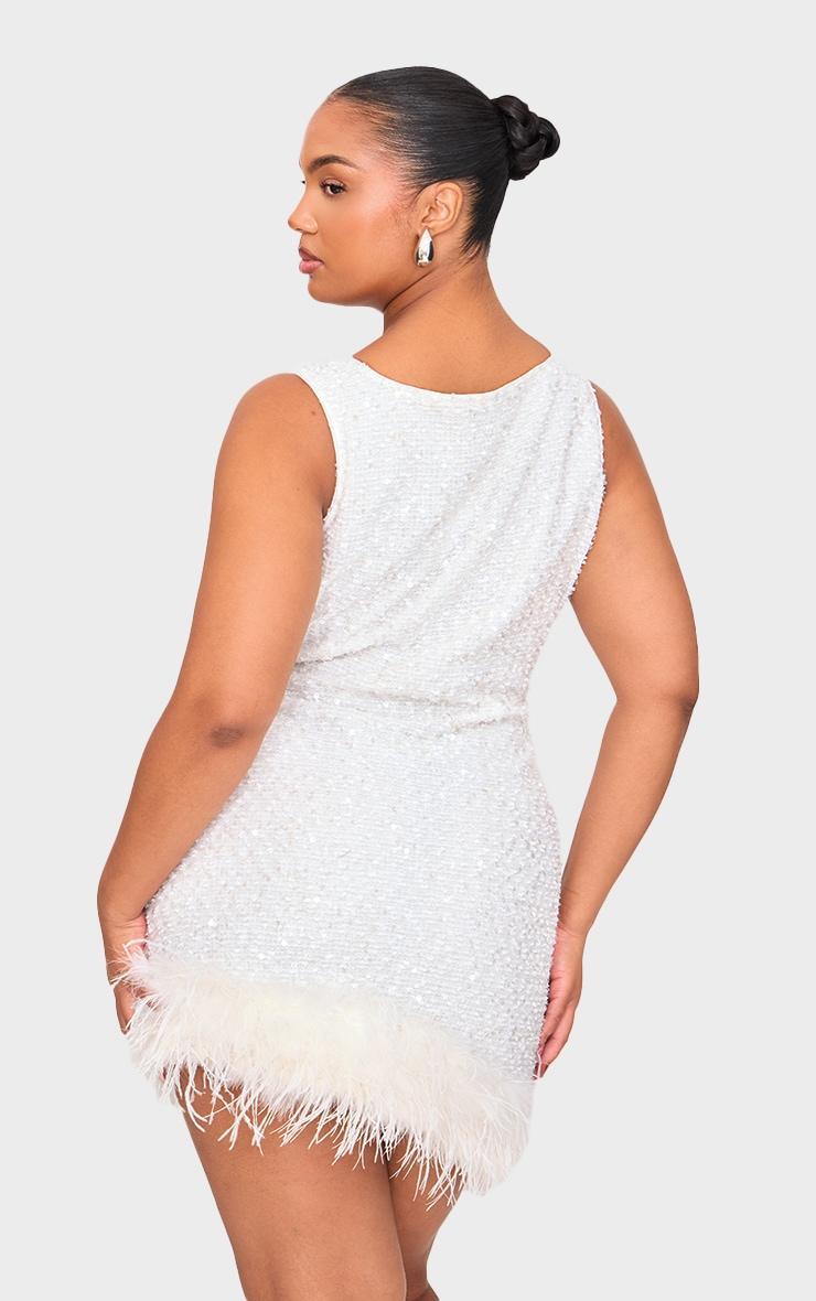 Plus White Sequin Scoop Neck Feather Hem Shift Dress Product Image