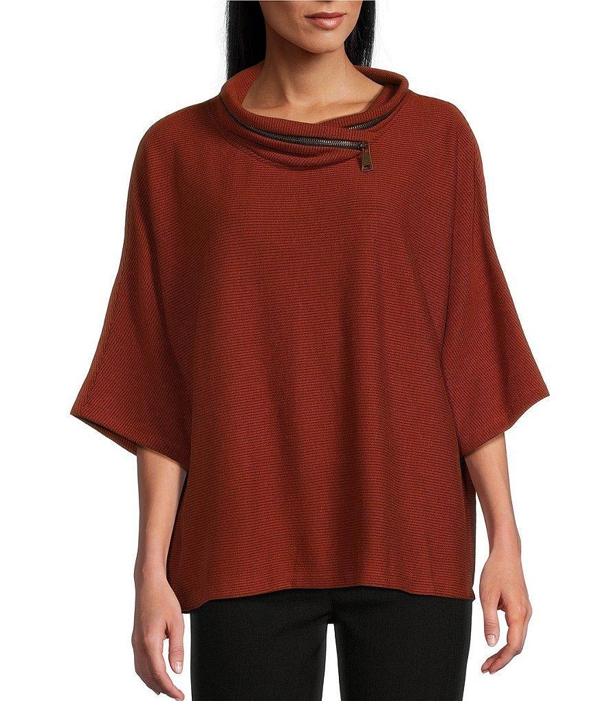 Multiples Faux-Zipper Trim Mock Neck 3/4 Dolman Sleeve Hi-Low Hem Sweater Knit Top Product Image