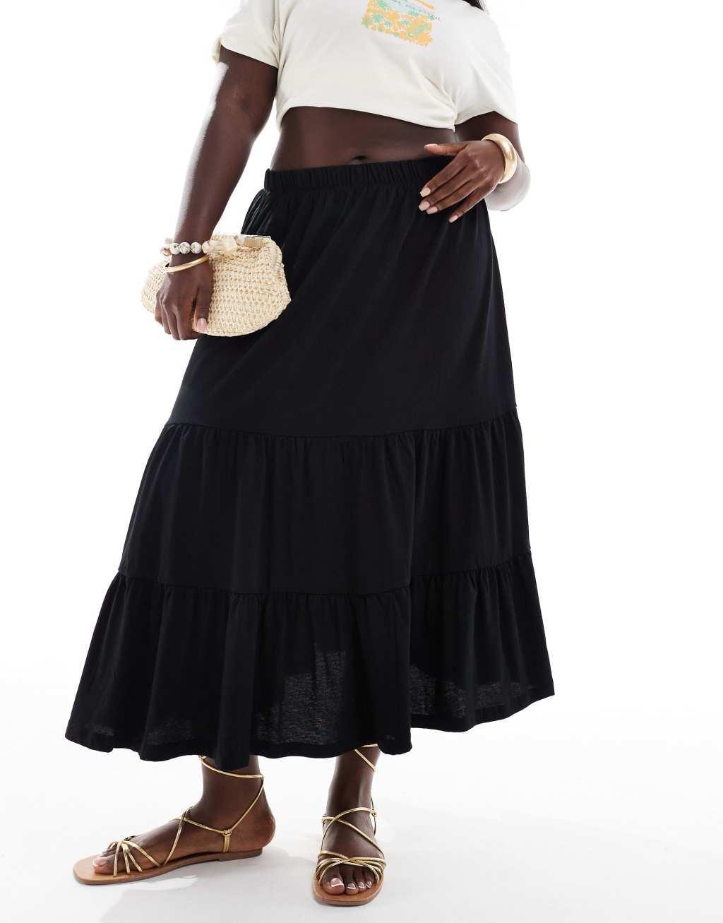 ONLY Curve tiered maxi skirt in black   Product Image