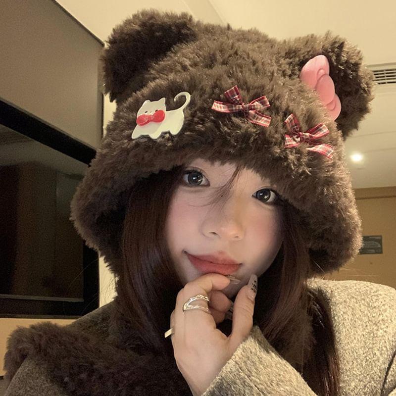 Bear Ear Applique Fluffy Knit Bonnet Product Image