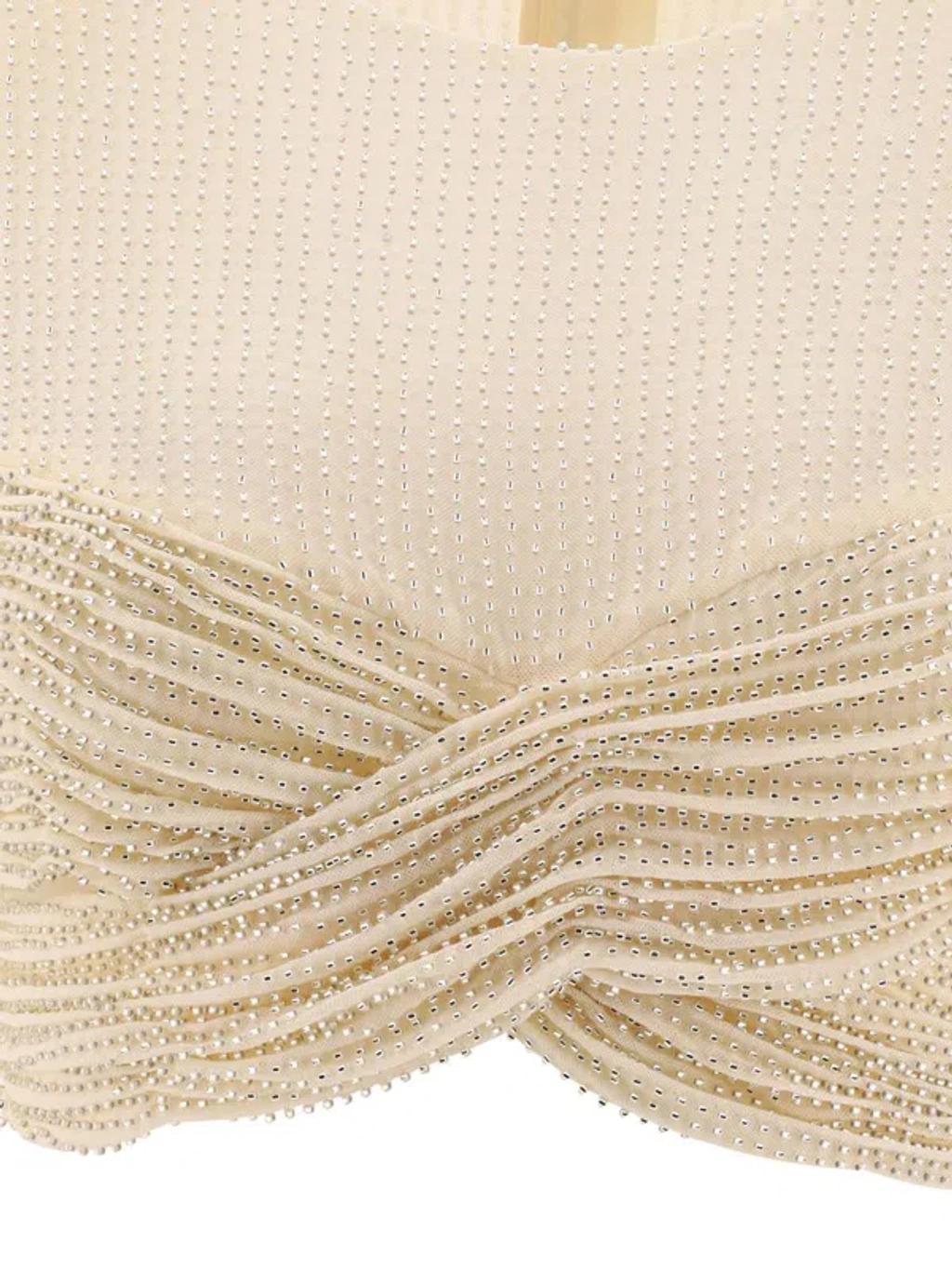 Beaded Mesh Crossover Strap Cropped Top In Beige Product Image