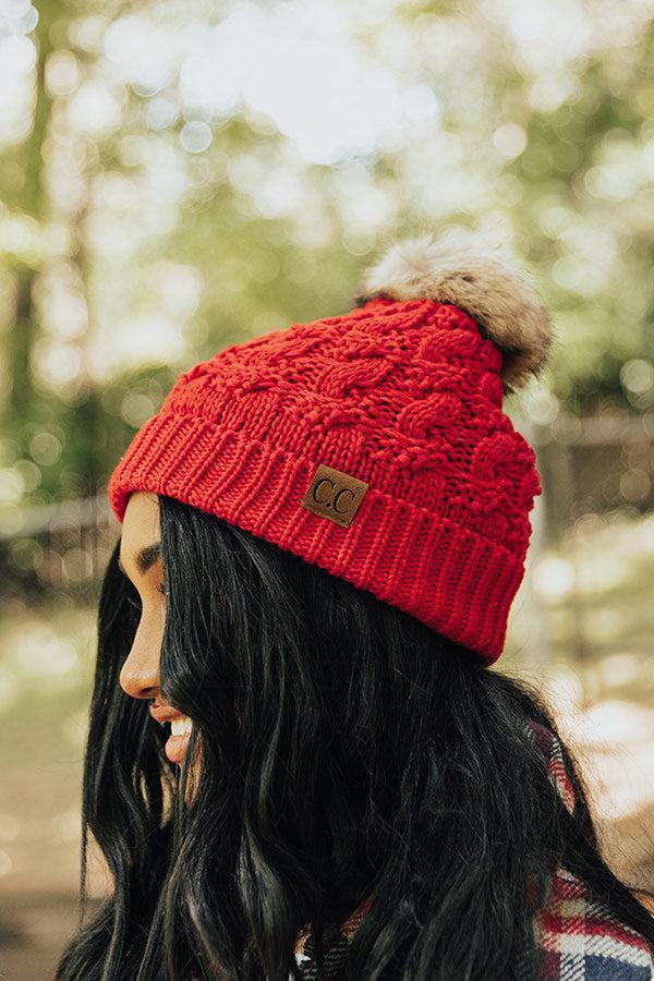 Fall Hike Faux Fur Pom Beanie in Red Product Image