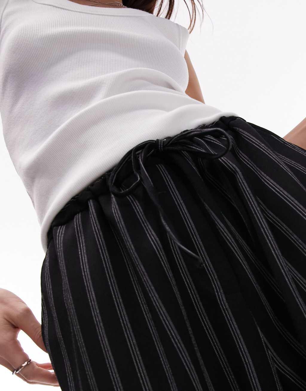 Topshop stripe draw cord waist wide leg sweatpants in black Product Image