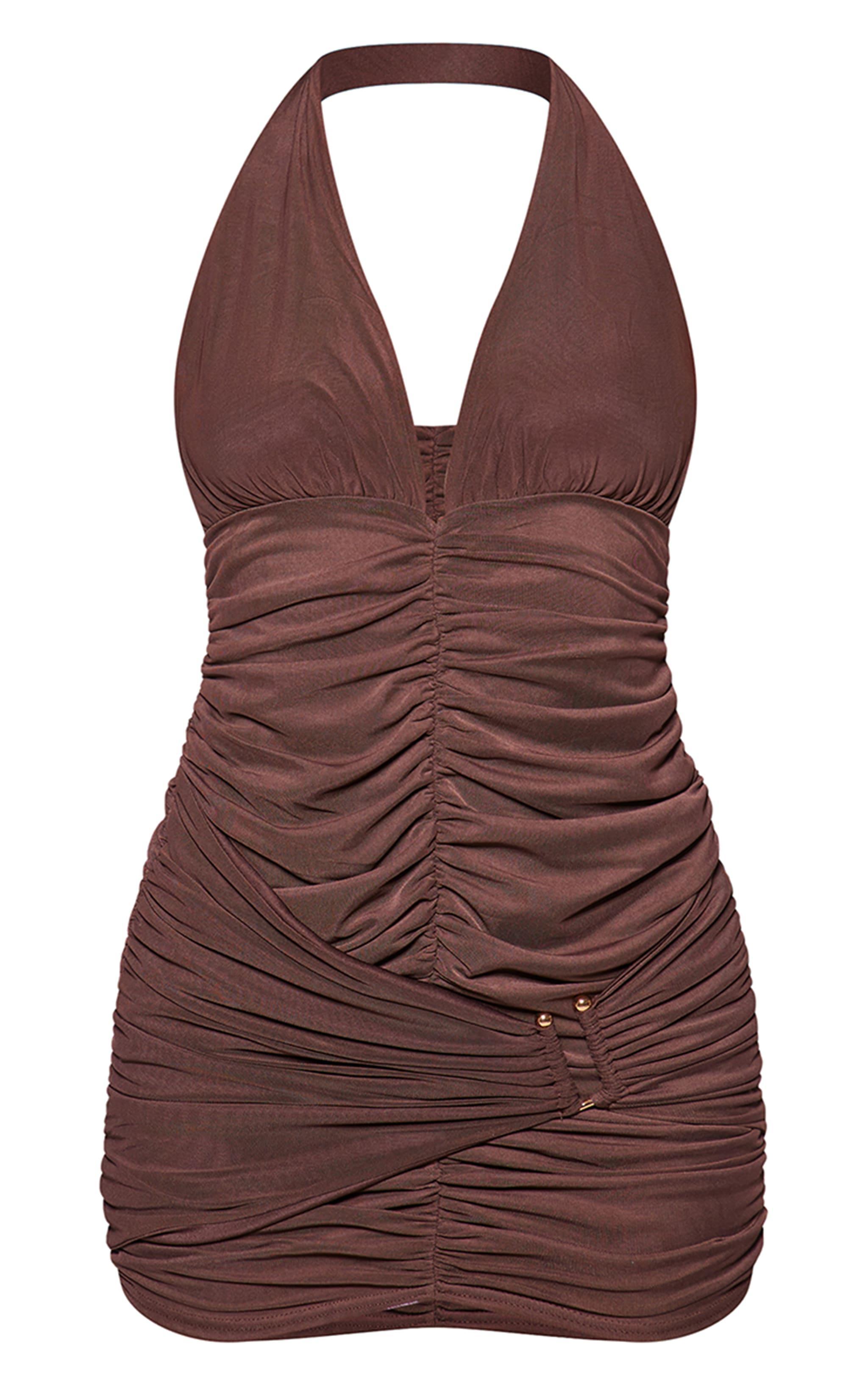 Chocolate Mesh Halterneck Ruched Bodycon Dress Product Image