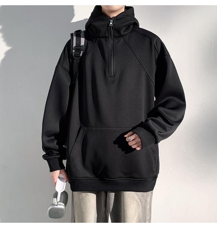 Stand Collar Plain Fleece-Lined Half Zip Hoodie Product Image