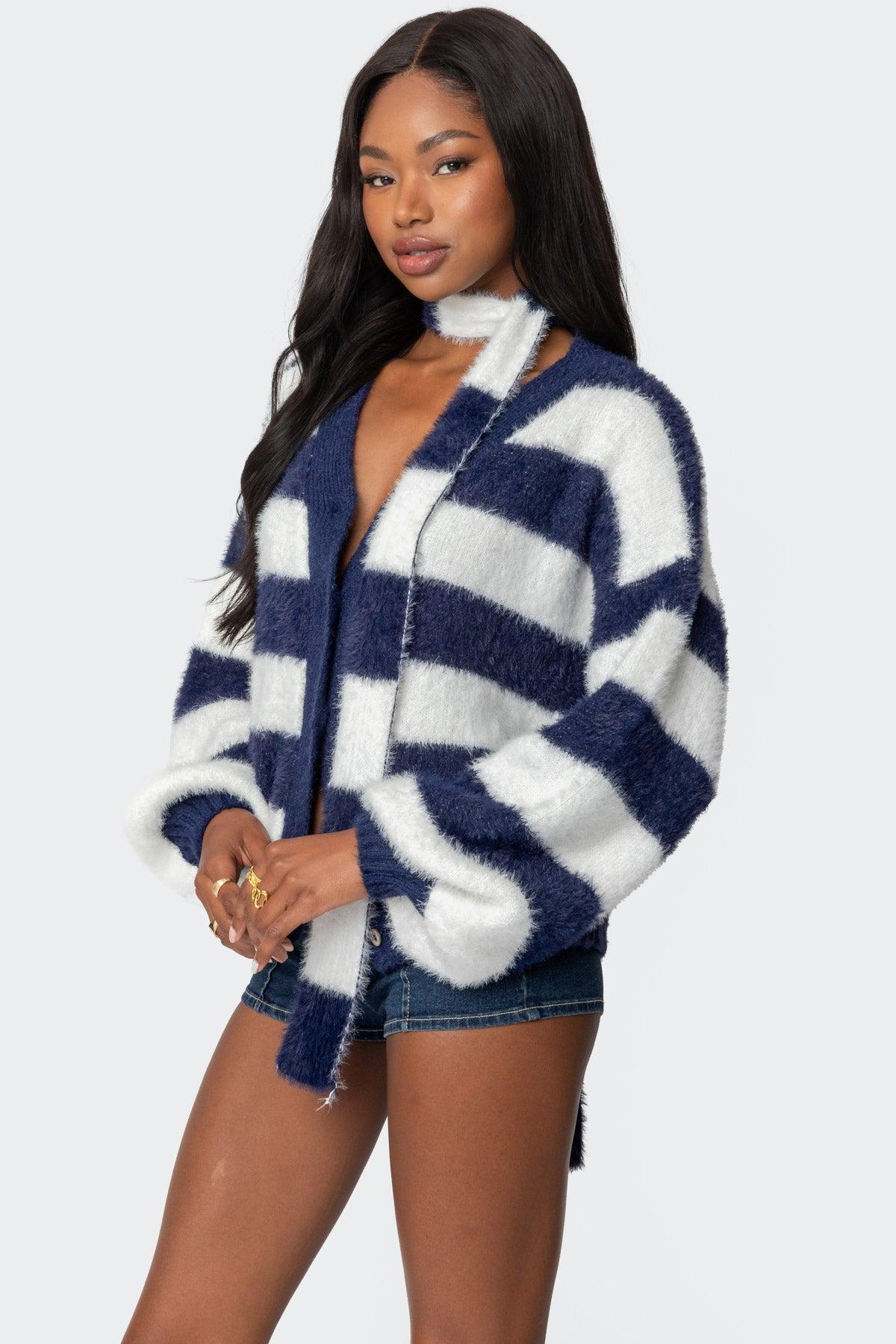 Striped Two Piece Knit Scarf Cardigan Product Image