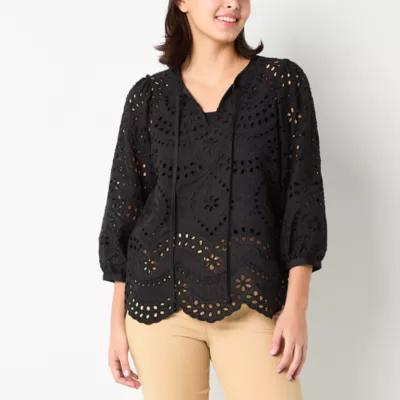 52seven Womens Split Tie Neck 3/4 Sleeve Lace Blouse Product Image