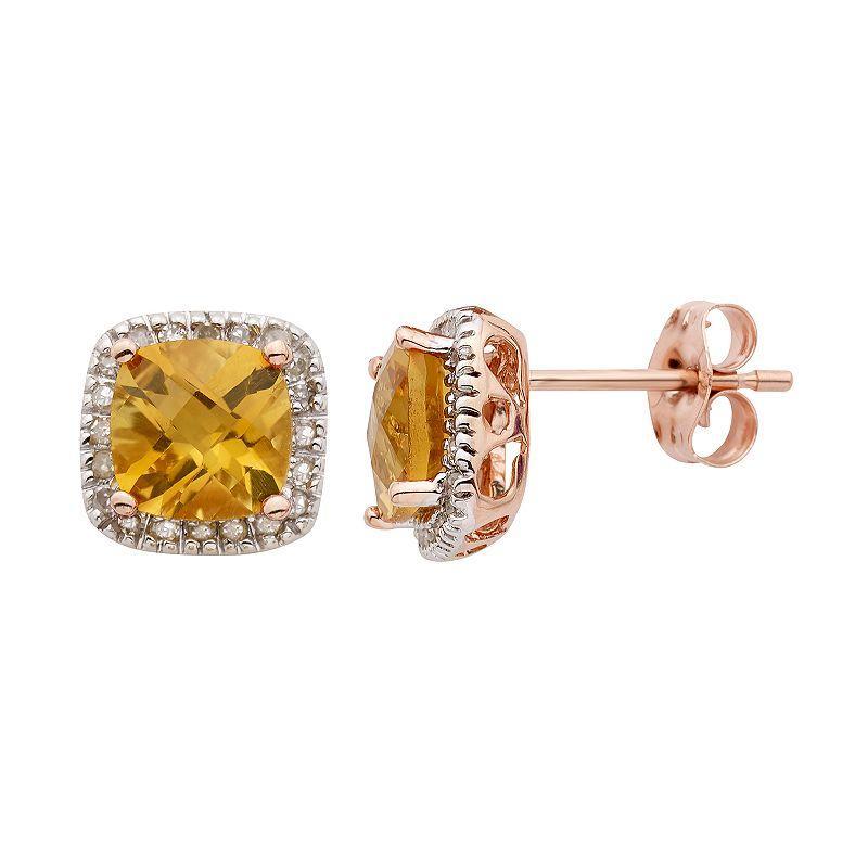 Citrine and 1/6 Carat T.W. Diamond 10K Gold Halo Button Stud Earrings, Womens, Pink Product Image