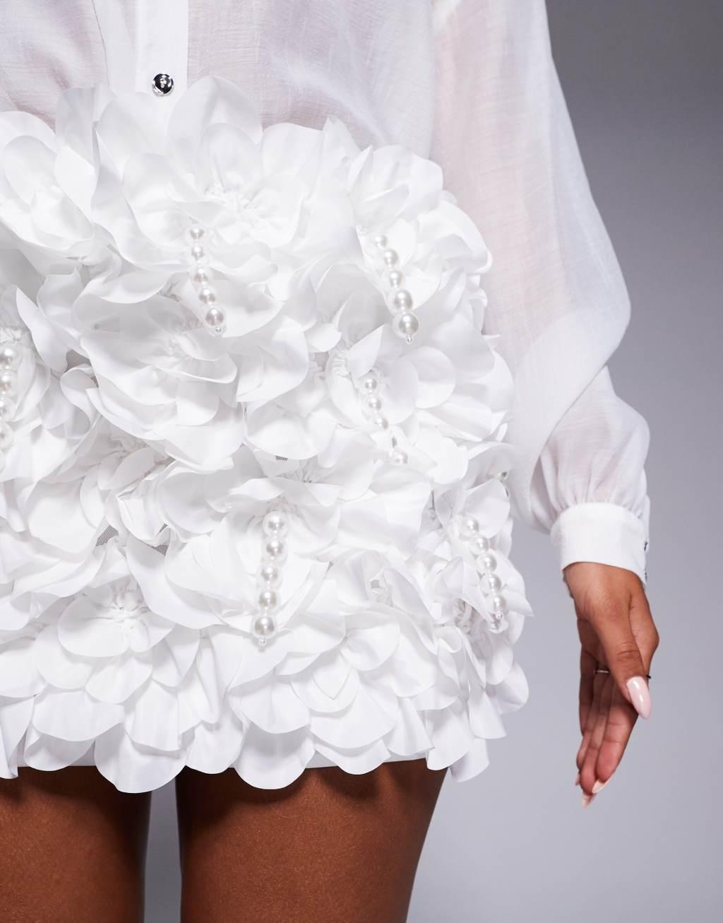 ASOS LUXE 3D floral ruffle micro mini skirt with drop pearl embellishment in white Product Image