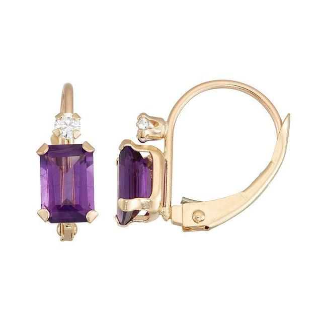 10k Gold Emerald-Cut Amethyst & White Zircon Leverback Earrings, Womens, Purple Product Image