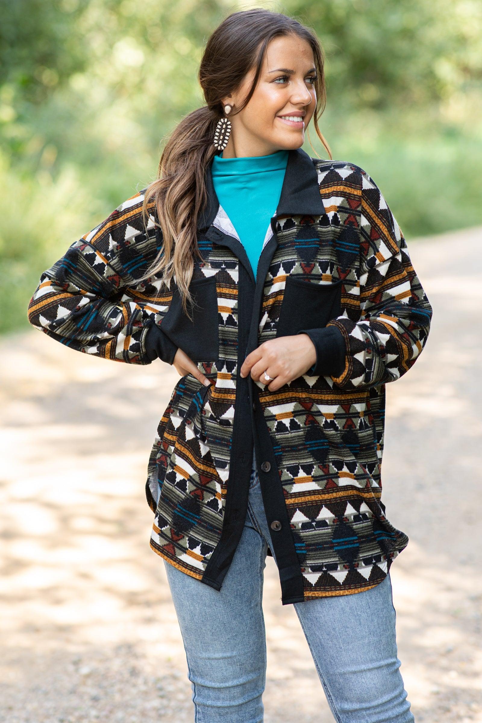 Black Aztec Print Knit Lightweight Shacket Product Image