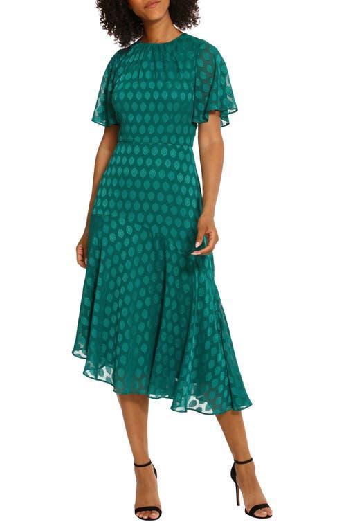 Maggy London Asymmetric Pleated Flutter Sleeve Midi Dress Product Image