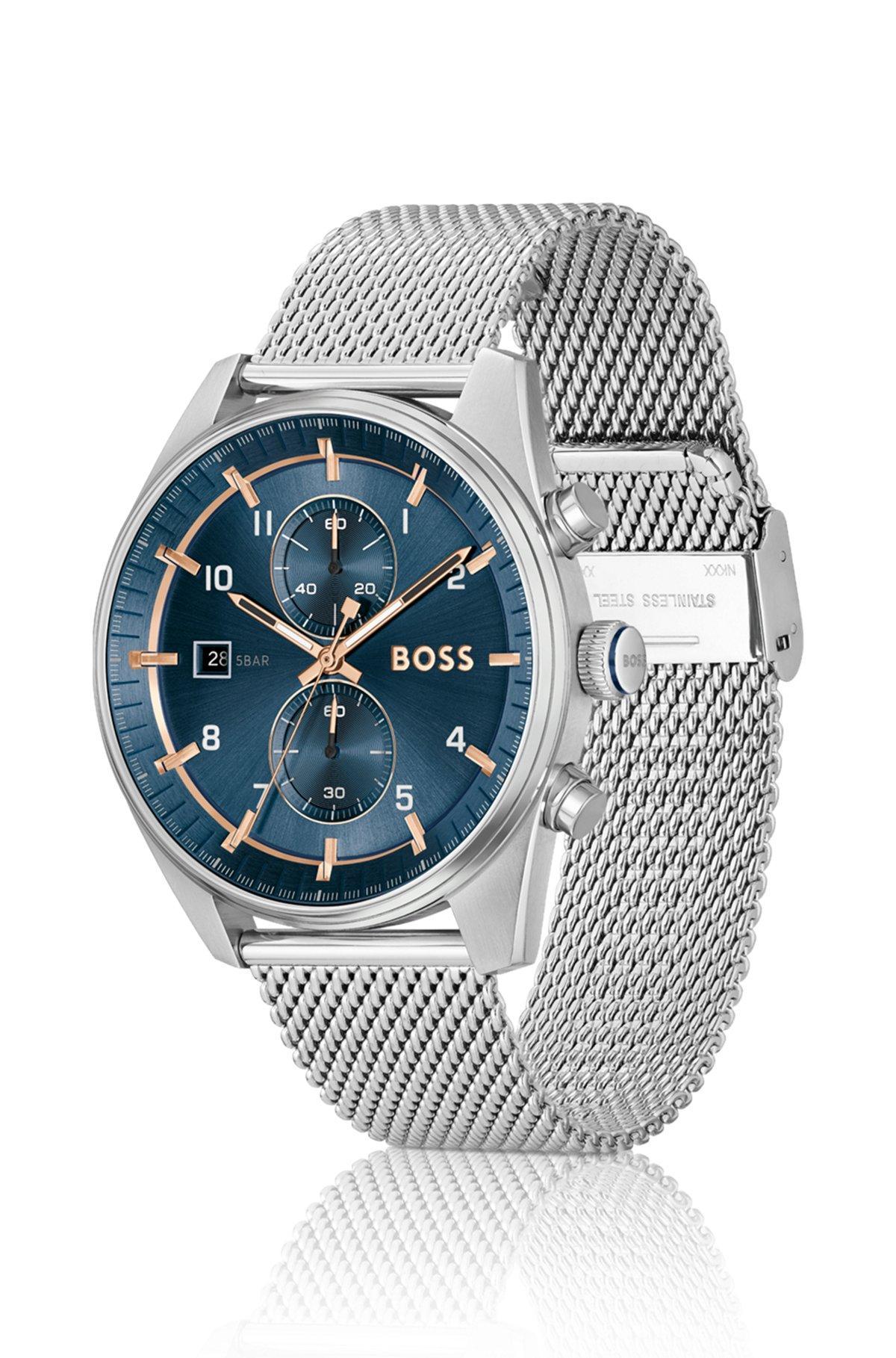 Mesh-bracelet chronograph watch with blue dial Product Image