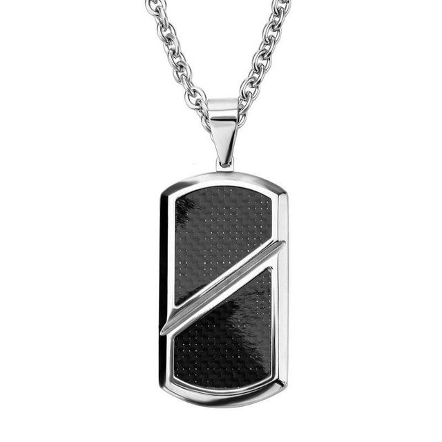 Mens Carbon Fiber Inlay Dog Tag Pendant Necklace Stainless Product Image