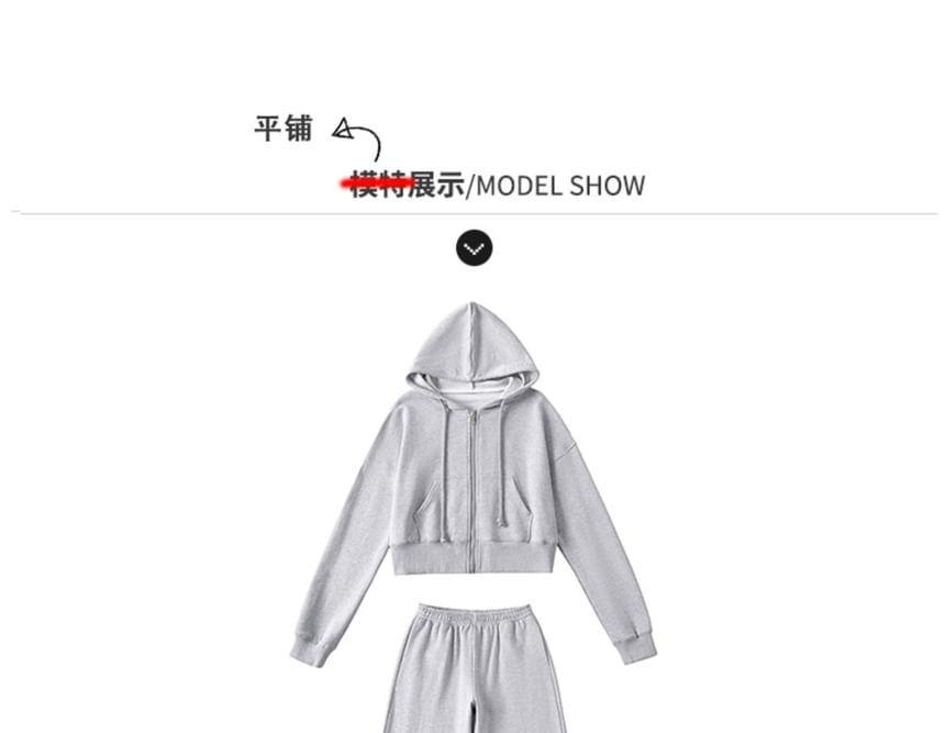 Cropped Hooded Sweatshirt Jacket / Straight-Cut Loose Sweatpants Product Image