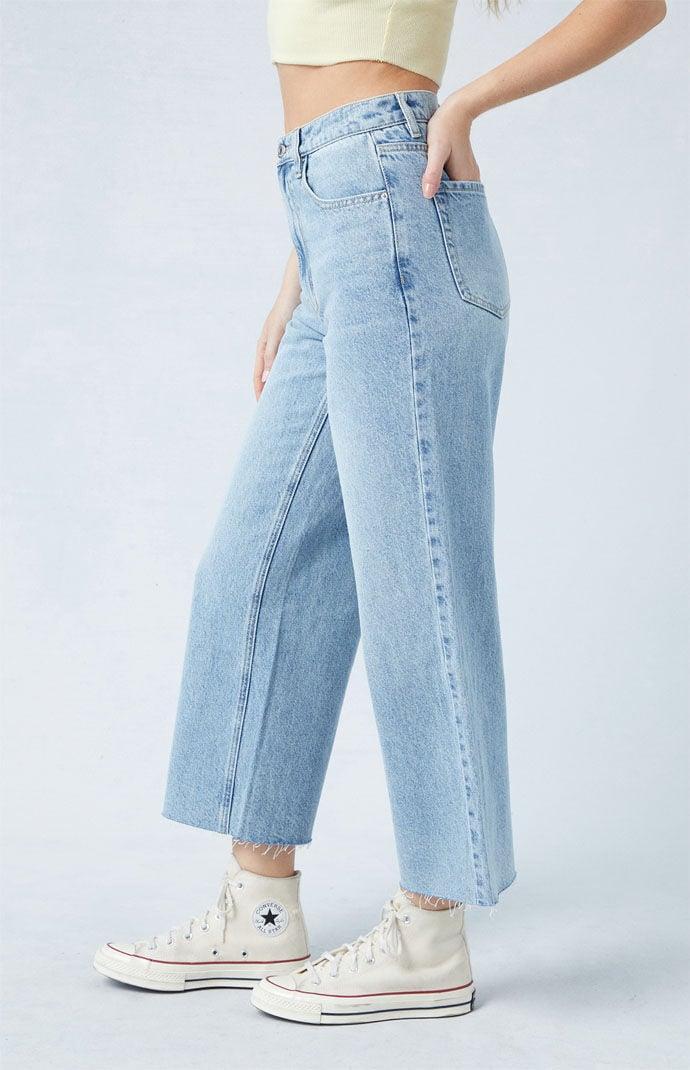 Women's Eco Light Indigo Raw Cut Cropped Wide Leg Jeans Product Image