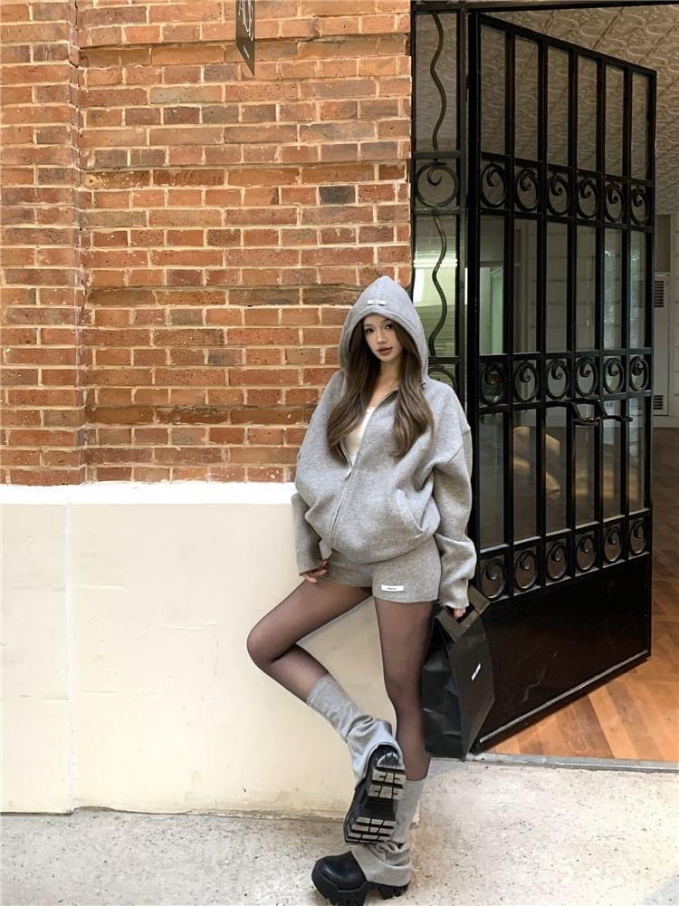 Set: Oversized Hooded Zipper Cardigan + Knit Shorts Product Image