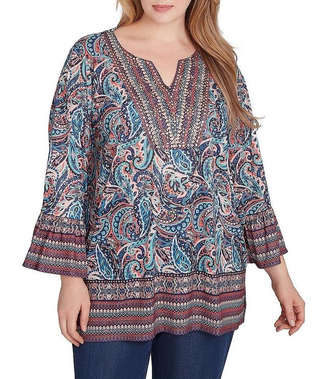 Ruby Rd. Plus Size Knit Paisley Border Print Embellished Split V-Neck 3/4 Sleeve Bib Top Product Image