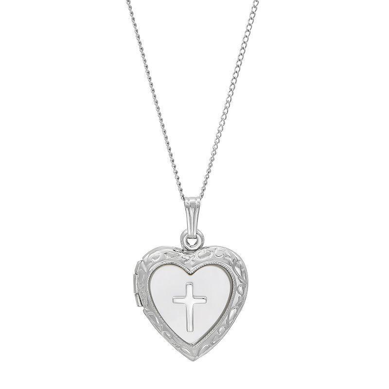 Sterling Silver Mother-of-Pearl Cross Embossed Heart Locket Pendant Necklace, Womens White Product Image