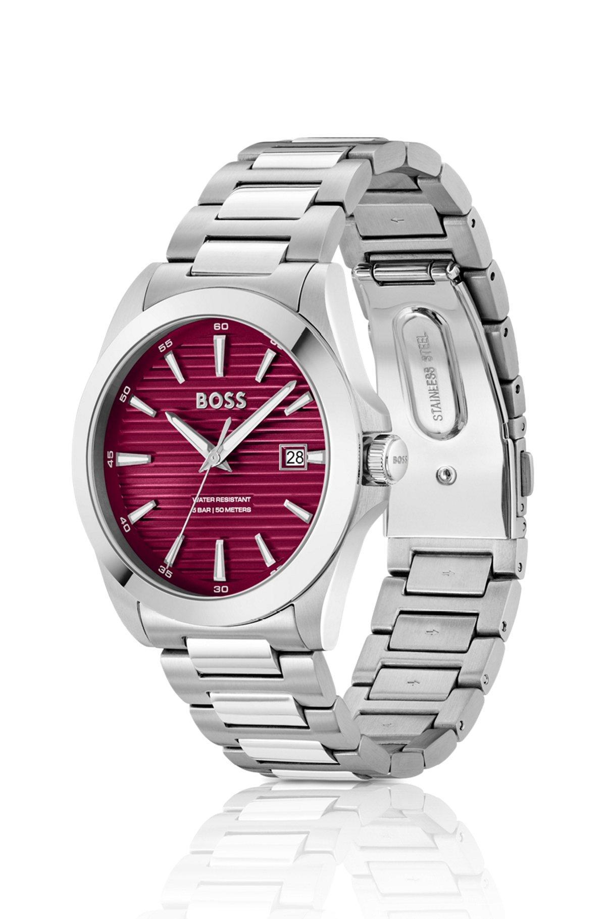 BOSS - Silver-tone watch with burgundy grooved dial Product Image