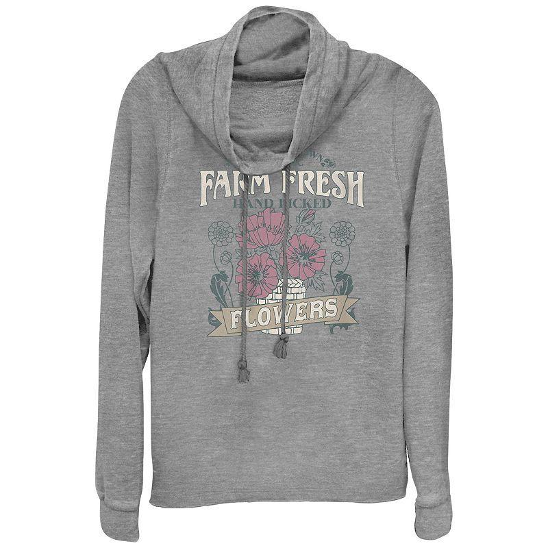 Womens Plus Farm Fresh Flowers Cowlneck Graphic Lightweight Long Sleeve, Girls Gray Grey Product Image