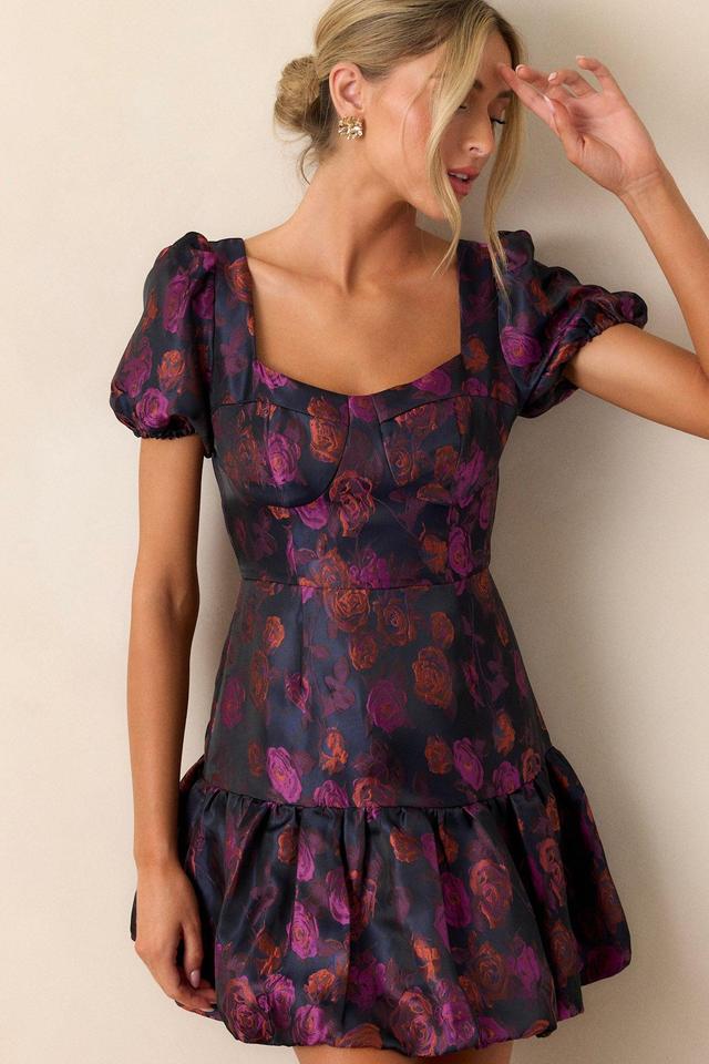 My Lover Plum Floral Puff Sleeve Mini Dress Product Image