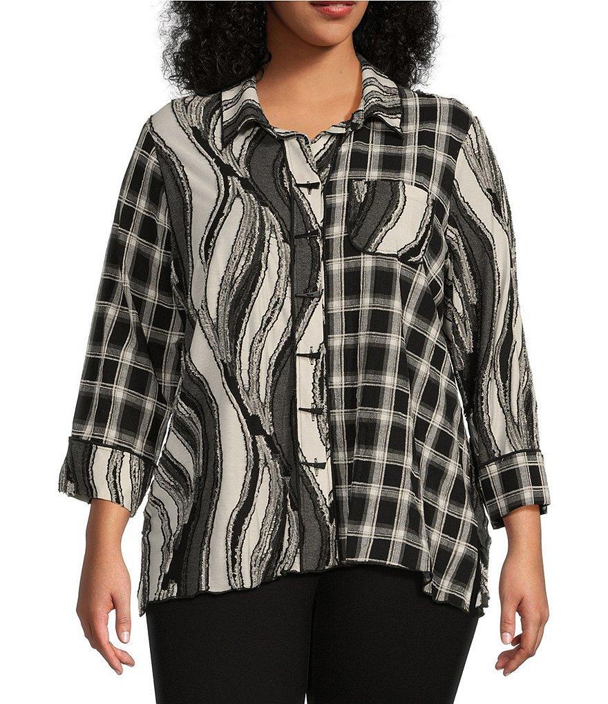 Ali Miles Plus Size Mixed Knit Woven Print Point Collar 3/4 Sleeve Hi-Low Hem Button-Front Tunic Product Image