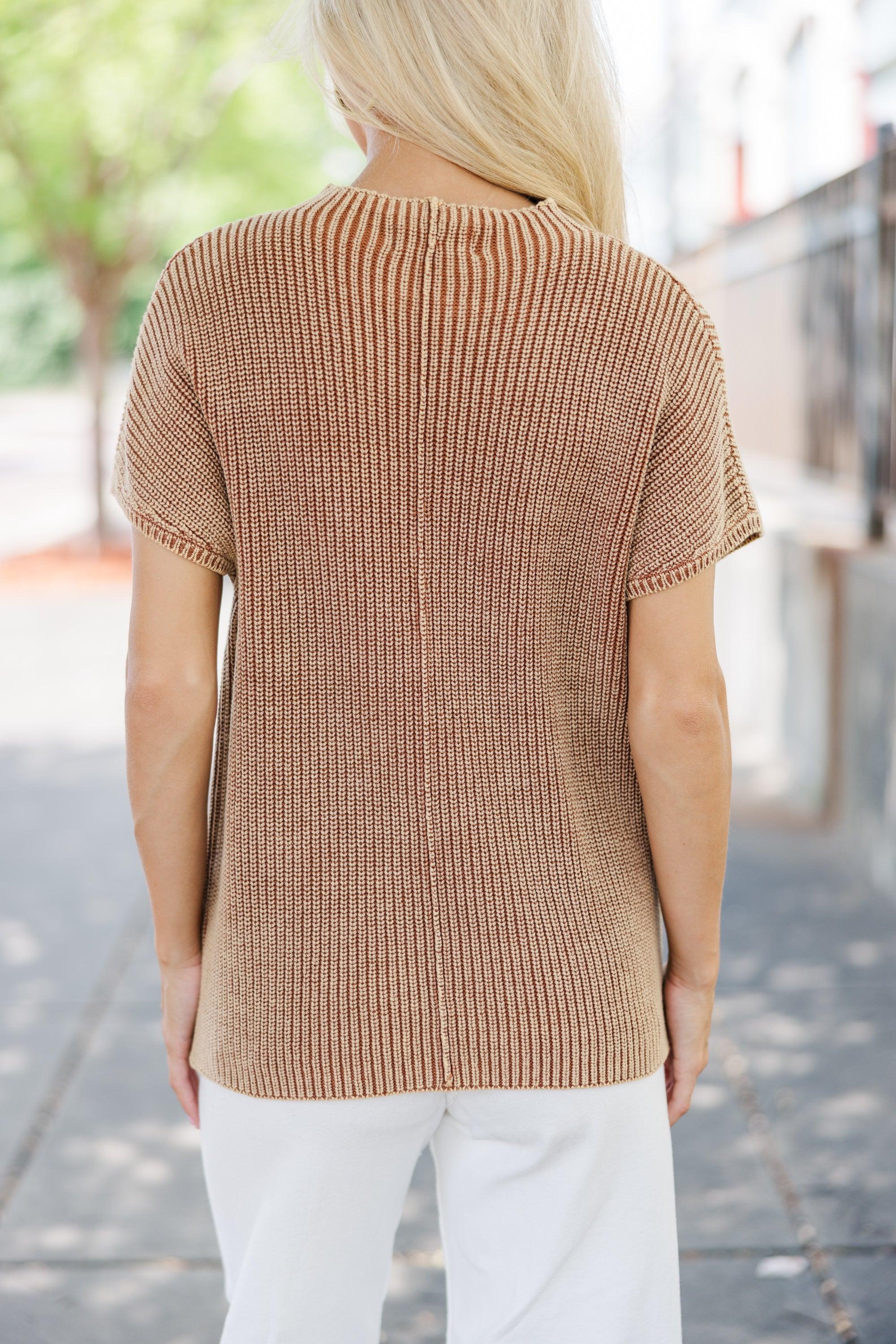 Think It Through Camel Brown Short Sleeve Sweater Female Product Image