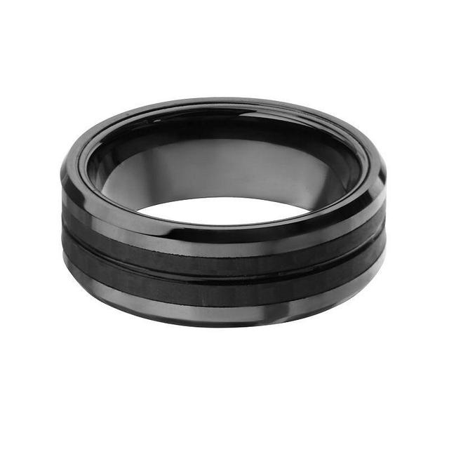 Mens Black Stainless Steel & Carbon Fiber Double Line Ring Product Image